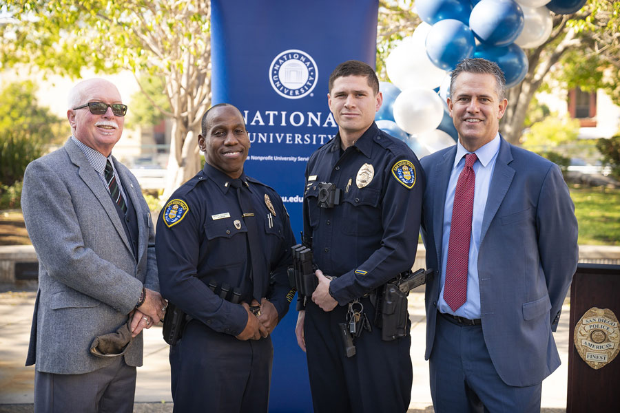 National University celebrates Law Enforcement Appreciation Day with Professor Jack Hamlin, Chair of Professional Studies, National University; Lt. Brent Williams, SDPD and NU alumnus; Officer Thomas McGrath SDPD and NU student; Chris Graham, Vice Chancellor, National University System