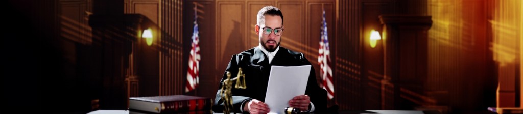 Judge sitting in courtroom reading a document